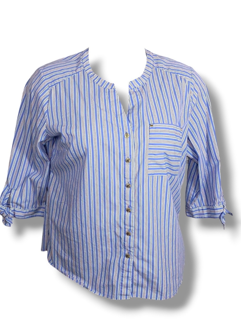 XL Anne Klein Preppy Top Blue White Red Stripes 3/4 Sleeve Casual Patriotic